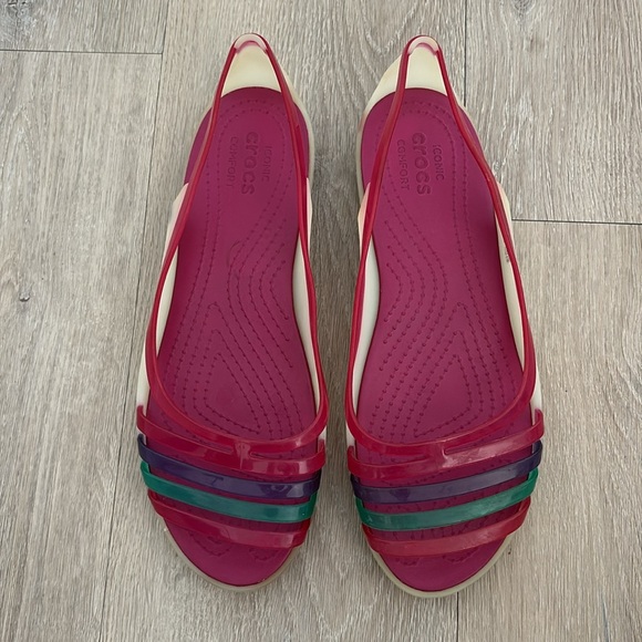 CROCS Shoes - CROCS Womens Jelly Flats Size 10 Wide Cream Magenta Colorful Open Toe Comfort